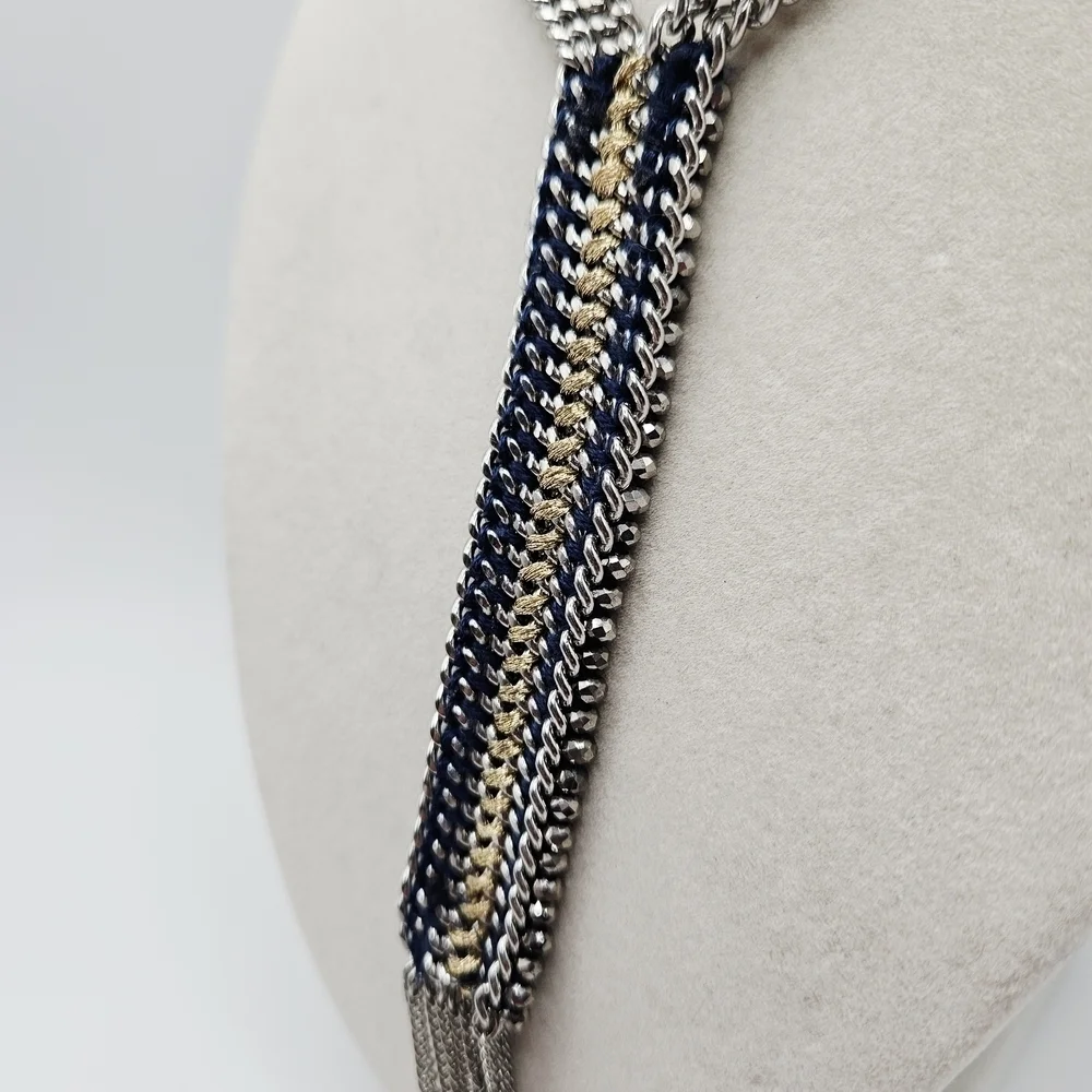 Stella & Dot Tessa Fringe Y-Drop Long Silver Tone Necklace